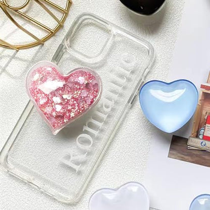 Cute Heart-Shaped Expanding Phone Grip - Pink Quicksand Glitter Collapsible Phone Mount Holder Stand for Girls Women, Lovely Phone Charm and Accessories，Finger Snap Grip Holder for Kindle, iPhone