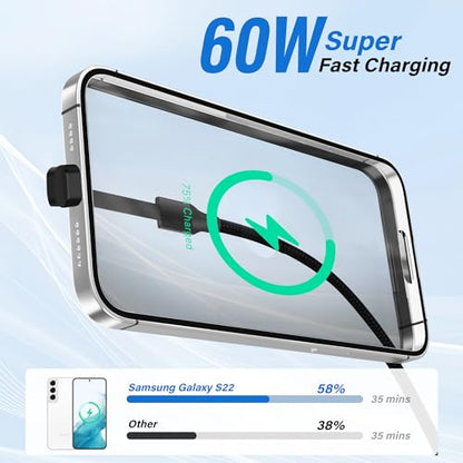 Adoreen USB C to C 2.0 Cable 6.6 FT with Flat 90 Degree Right Angled Port, 60W PD Fast Charging Cord, Slim Thin Braided, 480Mbps 20V/3A for Mobile Gaming, iPhone 17/16 Pro Max, Samsung, MacBook, iPad - size: 6.6FT, style: USB-C to C