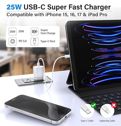 TT&C 2-Pack 25W USB C Fast Charger with 6FT Long Cable (White) - color: White, size: 6ft