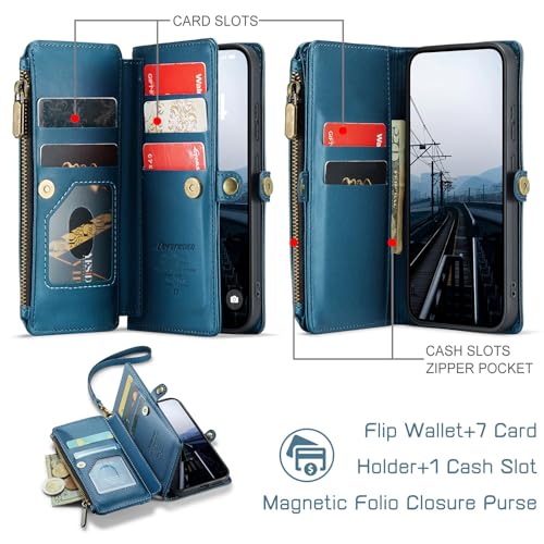 Defencase for Samsung Galaxy S24 Wallet Case with RFID Card Holder, Blue | Durable Soft PU Leather, with Zipper Pocket, Wrist Strap, Fashion Snap Flip S24 Phone Cases Cover with Stand for Women Men - color: Ocean Blue
