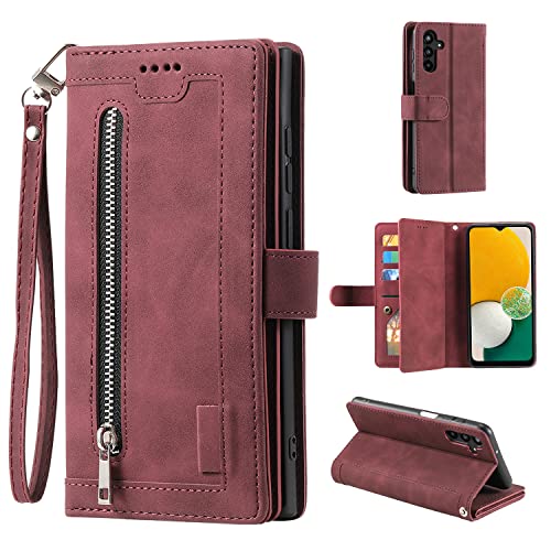EYZUTAK Wallet Phone Case for Samsung Galaxy A15 4G/5G, Retro Matte 9 Card Holder Slots Zipper Pocket Handbag Case PU Leather Magnetic Closure Kickstand with Wrist Strap Flip Purse Case - Wine Red - color: Wine Red, size: Samsung Galaxy A15 4G/5G