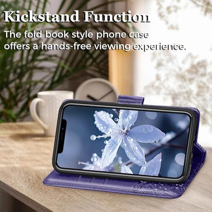 for iPhone 12 Pro/iPhone 12 Wallet Case,Women Flip Folio Cover with Butterfly Embossed PU Leather Kickstand Credit Card Holder Slots Wrist Strap for iPhone 12/12 Pro 6.1 inch (Purple) - color: Purple