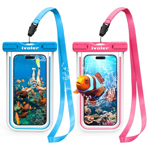 ivoler 2-Pack Waterproof Phone Pouch, Cell Phone Dry Bag for iPhone 17/16/15 Pro Max, Samsung S26/S25 Ultra, Waterproof Phone Case for Beach, Cruise Essentials & Travel, [Fit Up to 7''] - color: Neon Blue & Neon Rose Red