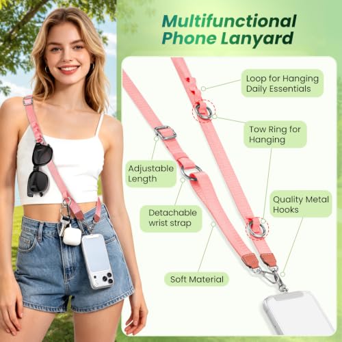 takyu Multifunctional Phone Lanyard, 3 in 1 Cell Phone Detachable Adjustable Crossbody Strap & Neck Lanyard & Wrist Lanyard with 2x Tether Tab for Most Smartphones, Outdoor Travel Essential Pink - color: Pinkx1