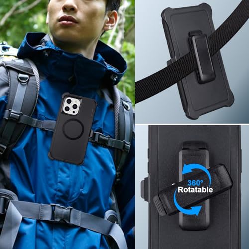 Defender for iPhone 14 Pro Max Magnetic Case with Belt Clip Holster, Black | Compatible with MagSafe, Heavy Duty Rugged Shockproof Anti-Drop Full Body Protective Case for iPhone 14 Pro Max, 6.7 Inch - color: Black