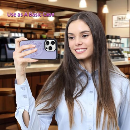 for iPhone 16e/17e Case Wallet,Compatible with MagSafe Magnetic 2 in 1 Magnetic Detachable PU Leather RFID Blocking Wallet Cover Card Holder Zipper Wrist Strap Lanyard,Floral Light Purple - color: Light Purple