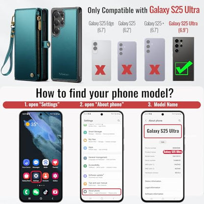 Defencase for Galaxy S25 Ultra Case Wallet Compatible with Magsafe, Green | Magnetic Detachable, RFID Bolcking Card Holder, Zipper Strap, PU Leather Drop-Proof Phone Cover for Samsung Galaxy S25 Ultra - color: (Detachable with Magsafe)-Blue Green
