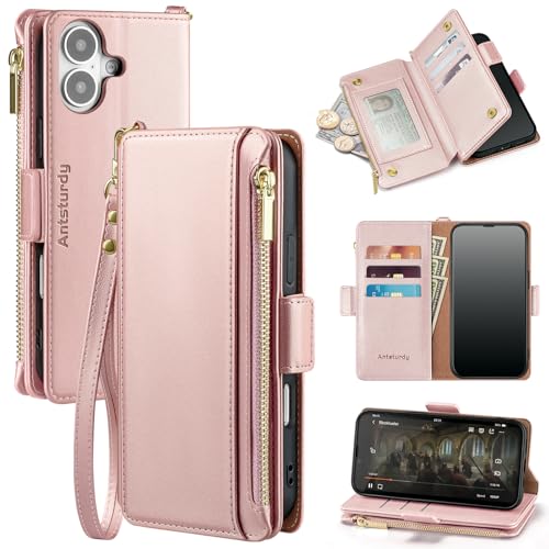 Antsturdy for iPhone 17 Phone Wallet Case Women,Rose Gold | RFID Blocking,with Credit Card Holder Slots,PU Leather Purse,Zipper Pocket,Wrist Strap Kickstand,Flip Folio Cover for Men - color: Rose Gold
