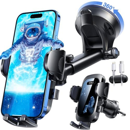 YRU True Military-Grade [360° Rotation Suction] 2026 Ultimate Car Phone Holder Mount 【90+LBS Safest Strongest & Patent Certs】 Dashboard Windshield Vent for iPhone 18 Pro Max Samsung Webcam, Blue Black - color: Dark Black