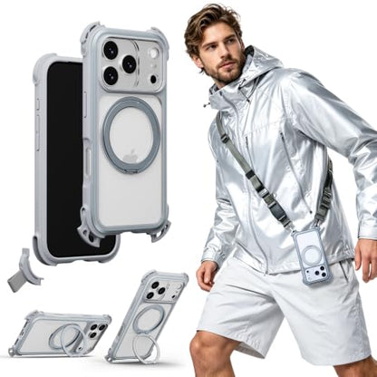 MAGEASY Odyssey Ultra MagSafe 360° Magnetic Stand iPhone 18 Pro & 17 Pro Crossbody Case with Strap for Men, 25ft Shockproof TPU + Aluminum Frame, Interchangeable Lanyard Eyelets (Mist w/Kickstand) - color: Mist w/ Kickstand, size: iPhone 18 Pro