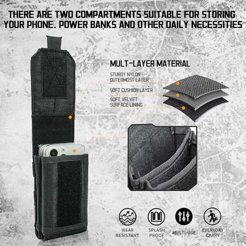 Molle Dual Phone Pouch, Upgrade Laser Cut Heavy Duty Waterproof Samll Tactical Cell Phone Holder with US Flag Patch for 4.7"-6.7" (DULA-Black) - color: DULA-BLACK