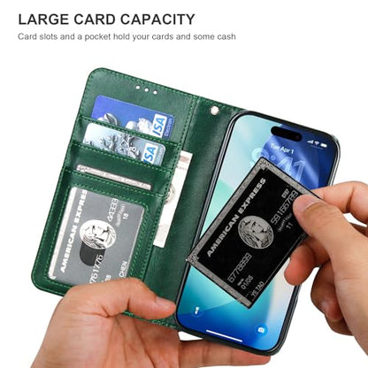 Bocasal Detachable Wallet Case Card Holder for iPhone 17 Pro, Green | RFID Blocking Kickstand Card Slots Holder PU Leather Magnetic Shockproof Wrist Strap Removable Flip Protective Cover 6.3 inch - color: Green