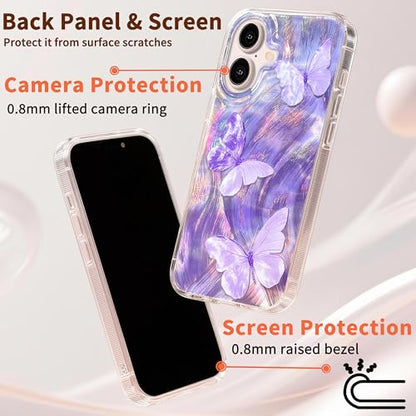 Compatible with iPhone 16 Case,with [Shockproof Protective][Camera Protection] Cute Butterfly Aesthetic Phone Cover Anti-Yellowing Soft Slim Cover for Women Girl-Purple - color: Purple Butterfly, size: iPhone 16