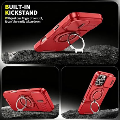 Rugged Shockproof Case for iPhone 17 Pro Max, Heavy Duty Protective Phone Case with Slide Camera Cover, 360° Rotatable Ring Stand & Magnetic Car Mount Compatible (Red,iPhone 17 Pro Max) - color: Red