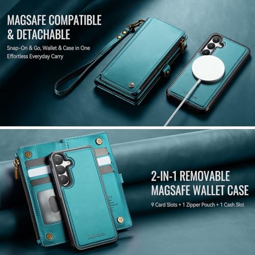 Defencase for Galaxy S26 Case Wallet Compatible with Magsafe, Blue Green | Magnetic Detachable, with RFID Bolcking Card Holder, Zipper Strap, PU Leather Drop-Proof Phone Cover for Samsung Galaxy S26 - color: (Detachable with Magsafe)-Blue Green