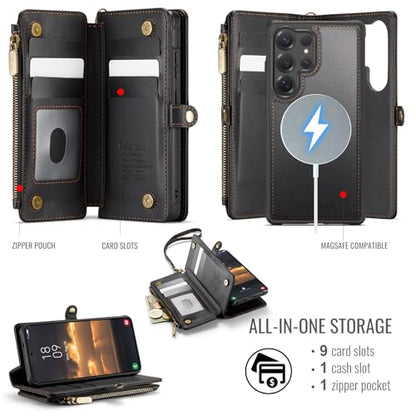 Defencase for Galaxy S24 Ultra Case Wallet Compatible with Magsafe, Black | Magnetic Detachable, RFID Bolcking Card Holder, Zipper Strap, PU Leather Drop-Proof Phone Cover for Samsung Galaxy S24 Ultra - color: (Detachable with Magsafe)-Black