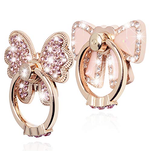 Finger Ring Stand Grip,2 Pack Luxury Glitter Diamond Universal Metal Kickstand for iPhone 16/15/14/13 Pro Max, Galaxy S24/S23/S22 Ultra, Finger Ring Grip Holder for All Smartphone, Pink/Bowknot