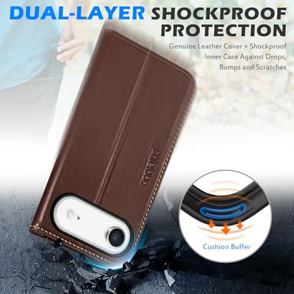 SHIELDON Genuine Leather Wallet Case for iPhone Air 6.5", Retro Coffee | Flip Magnetic Cover, RFID Blocking, Credit Card Holder, Kickstand, Book Design, Shockproof Phone Shell - color: Retro Coffee