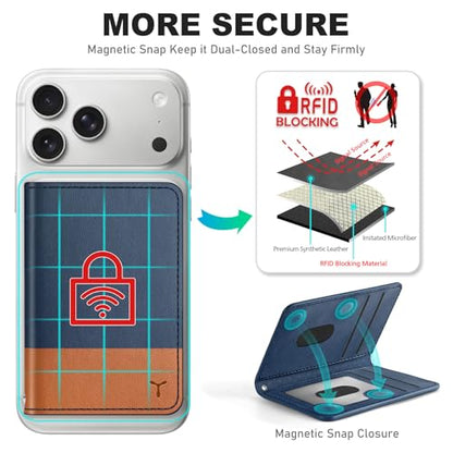 TUCCH for Magsafe Wallet, 6 Card Slots with RFID Blocking, Blue & Brown | for iPhone 17/17e/16/15/14/13/12 Pro/Pro Max/Plus, Clear ID Window, Magnetic Phone Wallet, PU Leather - color: Blue & Brown