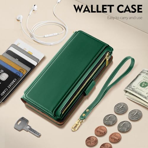 Antsturdy for iPhone 17 Pro Max Phone Wallet Case Women,Green | RFID Blocking,with Credit Card Holder Slots,PU Leather Purse,Zipper Pocket,Wrist Strap Kickstand,Flip Folio Cover for Men - color: Green