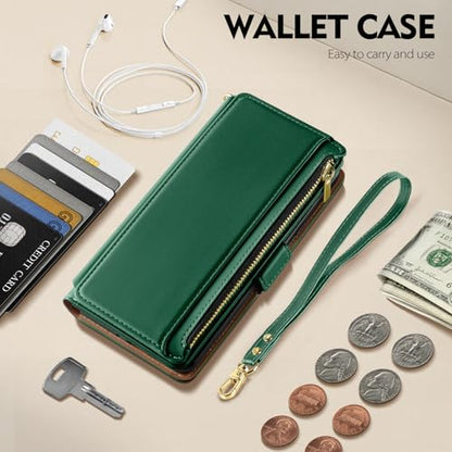 Antsturdy for iPhone 17 Pro Phone Wallet Case Women,Green | RFID Blocking,with Credit Card Holder Slots,PU Leather Purse,Zipper Pocket,Wrist Strap Kickstand,Flip Folio Cover for Men - color: Green