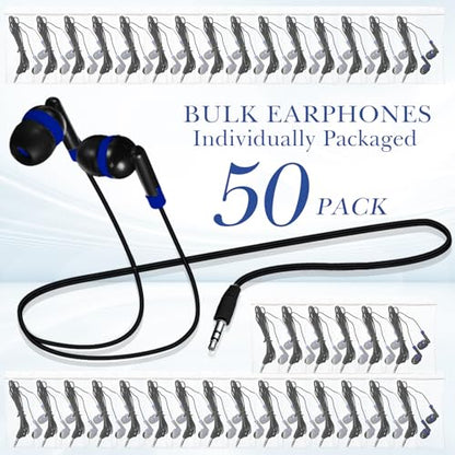 Kanayu 100 Pack Wired Earbuds Bulk for Classroom, No Mic 3.5mm, Dark Blue - color: Dark Blue