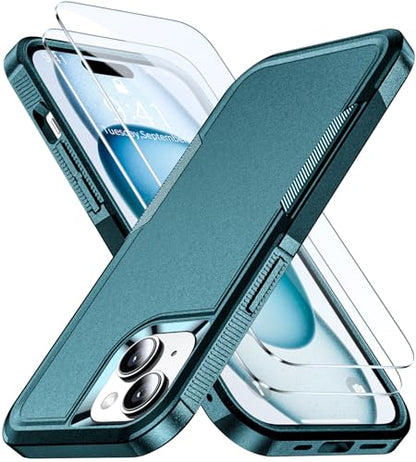 Shockproof for iPhone 15 Case,[15 FT Military Grade Drop Protection],with 2X [Tempered Glass Screen Protector ] with Air Bumpers Full-Body Protective Phone Case, Blackish Green - color: Blackish Green