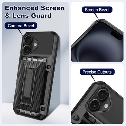 SAMONPOW for iPhone 16 Case with Card Holder [4 Cards] & Kickstand, Black - size: for iPhone 16