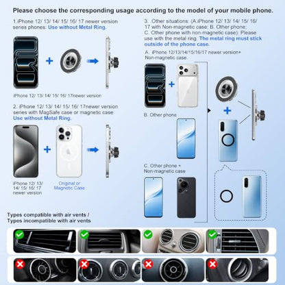 for MagSafe Car Mount,【22 N55 Super Magnets】 Magnetic Phone Holder for Car Air Vent, Cell Phone Mount Car Accessories Compatible with iPhone 17 16 15 14 13 12 Pro Max - color: Black