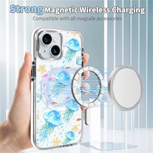 VisEnt Clear Case for iPhone 15, Magnetic Phone Case, Transparent Slim Cover, Military Grade Protection, Shockproof, Anti-Yellowing, Scratch Resistant, Blue Jellyfish Ocean - color: Blue Jellyfish Ocean, size: Iphone 15