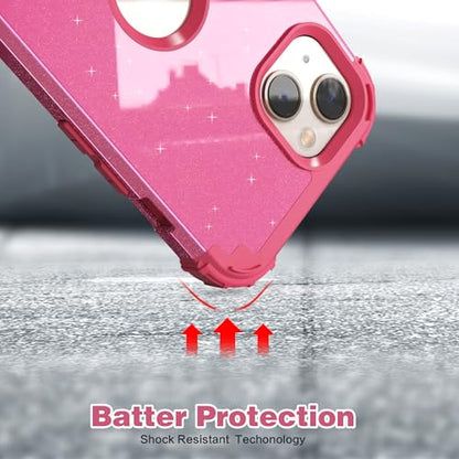 IDweel for iPhone 15 Case with Screen Protector,Luxury 3 in 1 Shockproof Slim Fit Hybrid Heavy Duty Protection Glitter Hard PC Cover Soft Silicone Bumper Full Body Case,Glitter Rose Red - color: Glitter Rose Red