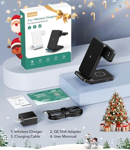 Foldable Wireless Charger for Samsung, 3 in 1 Fast Wireless Charging Station Stand for Samsung Galaxy S25 Ultra S24/S23/S22/S21/Note/Z Fold 7 ZFlip 7/6/5,Galaxy Watch 8/Ultra/7/6/5, Galaxy Buds, Black