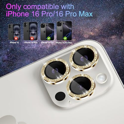 Camera Lens Protector for iPhone 16 Pro/16 Pro Max, Glitter Gold - color: Glitter Gold