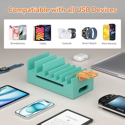 Bamboo Charging Station with 5 Port Charger HUB & 5 Cables-Teal - color: Teal