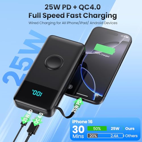 Portable Charger 40800mAh for iPhone 18 with Built-in 3 Cable and iWatch Charger,25W PD Fast Charging USB C Power Bank,Travel Camping Essentials Battery Pack for iPhone 18/17/16/15,Android,Apple Watch - color: Classic Black