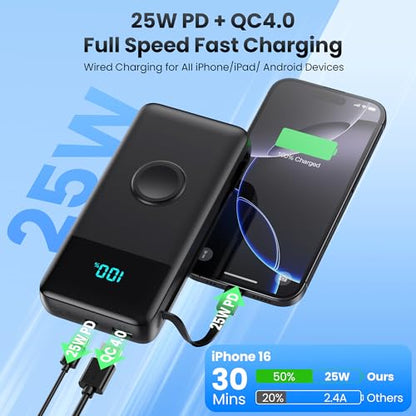 Portable Charger 40800mAh for iPhone 18 with Built-in 3 Cable and iWatch Charger,25W PD Fast Charging USB C Power Bank,Travel Camping Essentials Battery Pack for iPhone 18/17/16/15,Android,Apple Watch - color: Classic Black