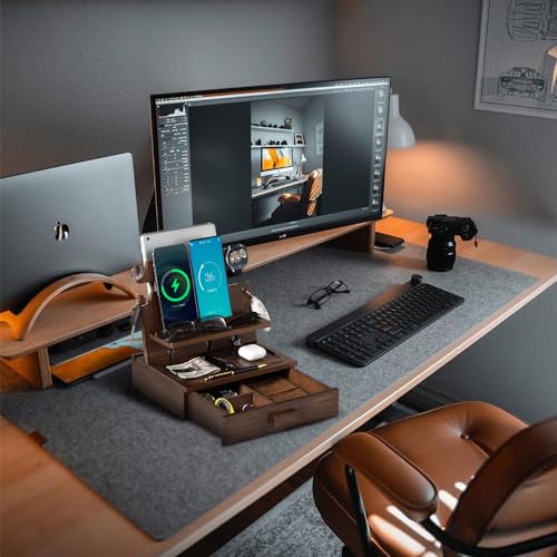 Wood Phone Docking Station for up to 3 Phones, Samsung Galaxy Watch Compatible Nightstand Organizer with Drawer for Valuables for Men & Women, Holds Phones, Tablets, Keys, Rings, Glasses, Watches, EDC