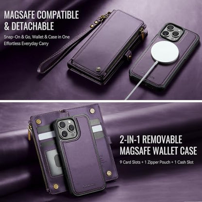 Defencase for iPhone 16 Pro Max Case Wallet Compatible with Magsafe, Purple | Drop-Proof Magnetic Detachable Phone Cases Cover, with RFID Bolcking Card Holder, Zipper Strap, PU Leather, Removable Wallet - color: (Detachable with Magsafe)-Purple