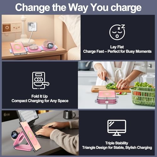 Foldable 3 in 1 Wireless Charger for Samsung Multiple Devices, Travel Wireless Charging Station/Stand for Galaxy S25 Ultra/S24/Z Fold Flip 6/5, Charger Dock Stand for Samsung Watch 7, Buds Pro3（Pink）