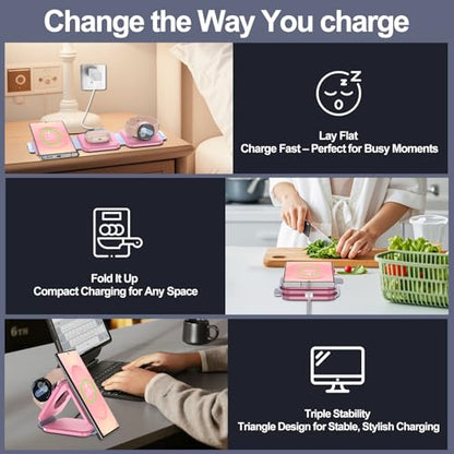 Foldable 3 in 1 Wireless Charger for Samsung Multiple Devices, Travel Wireless Charging Station/Stand for Galaxy S25 Ultra/S24/Z Fold Flip 6/5, Charger Dock Stand for Samsung Watch 7, Buds Pro3（Pink）