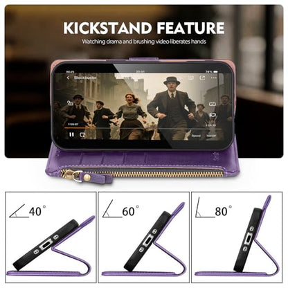 Compatible with iPhone 17e / 16e Wallet Case with Card Holder RFID Blocking Zipper Poket PU Leather Flip Phone Case with Wrist Strap Credit Card Slots Men Women,Dark Purple - color: Dark Purple