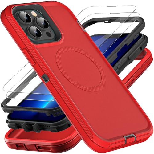 YKHJKLEC for iPhone 13 Pro Max Case, Compatible with Magsafe, Military Grade 3 in 1 Heavy Duty Shockproof/Drop Proof/Dust Proof Case with 2Pcs Tempered Glass Screen Protector (New-Red/Black) - color: New-Red/Black
