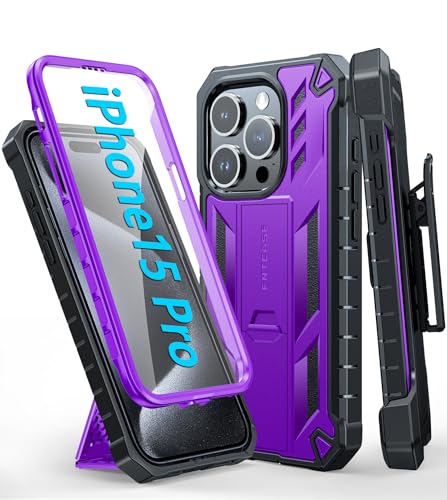 FNTCASE for iPhone 15 Pro Case with Belt Clip, Rugged Kickstand | Built-in Screen Protector, Military-Grade Drop Protection, Heavy Duty Shockproof Holster Protective Cover - color: T-Purple