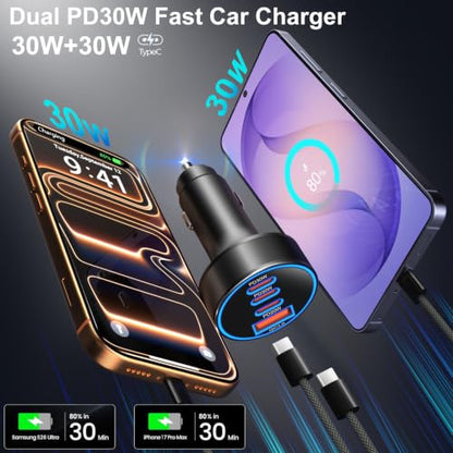 Car Charger USB C,4-Port 98W Super Fast Charging Car Phone Charger Adapter - color: Black