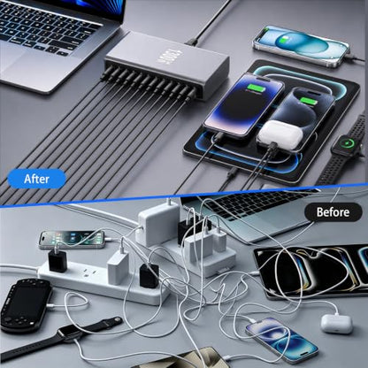 1300W GaN 4 USB C Charging Station, 12-Port Desktop Charger with 6 x 140W USB-C PD, 4 x 100W USB-C PD and 2 x QC 3.0 USB-A Ports, Includes 6.6 ft 240W USB-C Fast Charging Cable - size: 1300WGaN4
