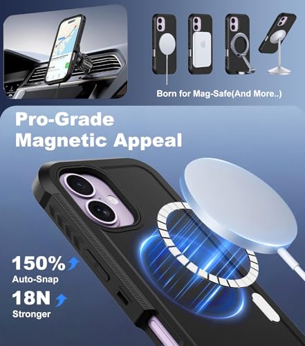 for iPhone 17 Case with Belt Clip Holster,[Compatible with MagSafe] w/Screen Protector,Anti-Drop Shockproof Heavy Duty Protective Rugged Magnetic Phone Cover,with 360°Rotating Kickstand (Black - color: Black