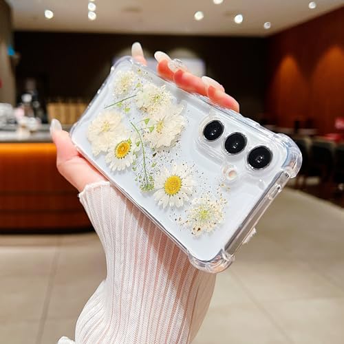 Compatible with Samsung Galaxy S23 Plus Case Cute Pressed Dried Real Flowers Design Women Girly Shockproof Glitter Floral Clear Phone Cover S23+ (White Flower) - color: White Flower, size: Samsung S23 Plus