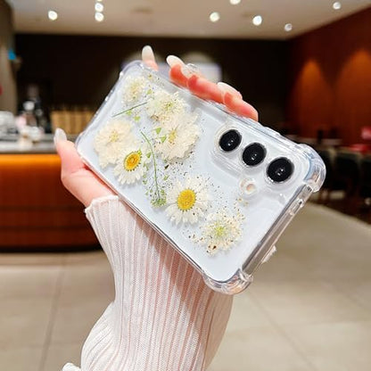 Compatible with Samsung Galaxy S23 Plus Case Cute Pressed Dried Real Flowers Design Women Girly Shockproof Glitter Floral Clear Phone Cover S23+ (White Flower) - color: White Flower, size: Samsung S23 Plus