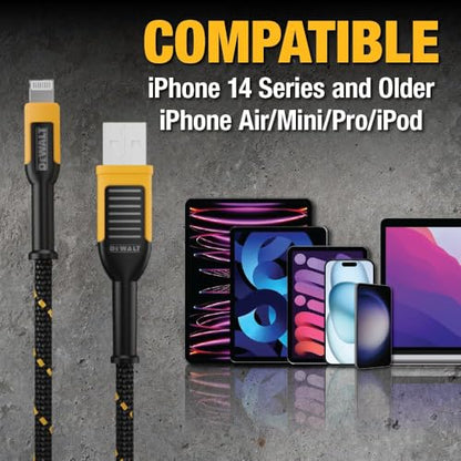 DEWALT Heavy Duty USB to Lightning Cable [Apple MFi Certified] Durable iPhone Charger, Lightning Cables, Fast Charging iPhone Charger Cord Compatible w/iPhones 14/13/12/11 Pro Max iPad AirPods, 10FT - size: 10 feet