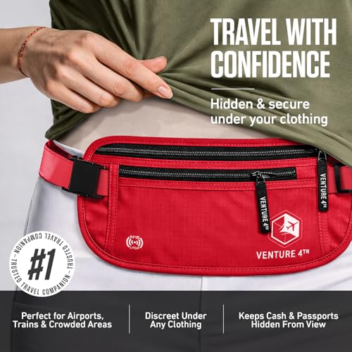 VENTURE 4TH Travel Money Belt, RFID Blocking Passport Holder - Red - color: Red